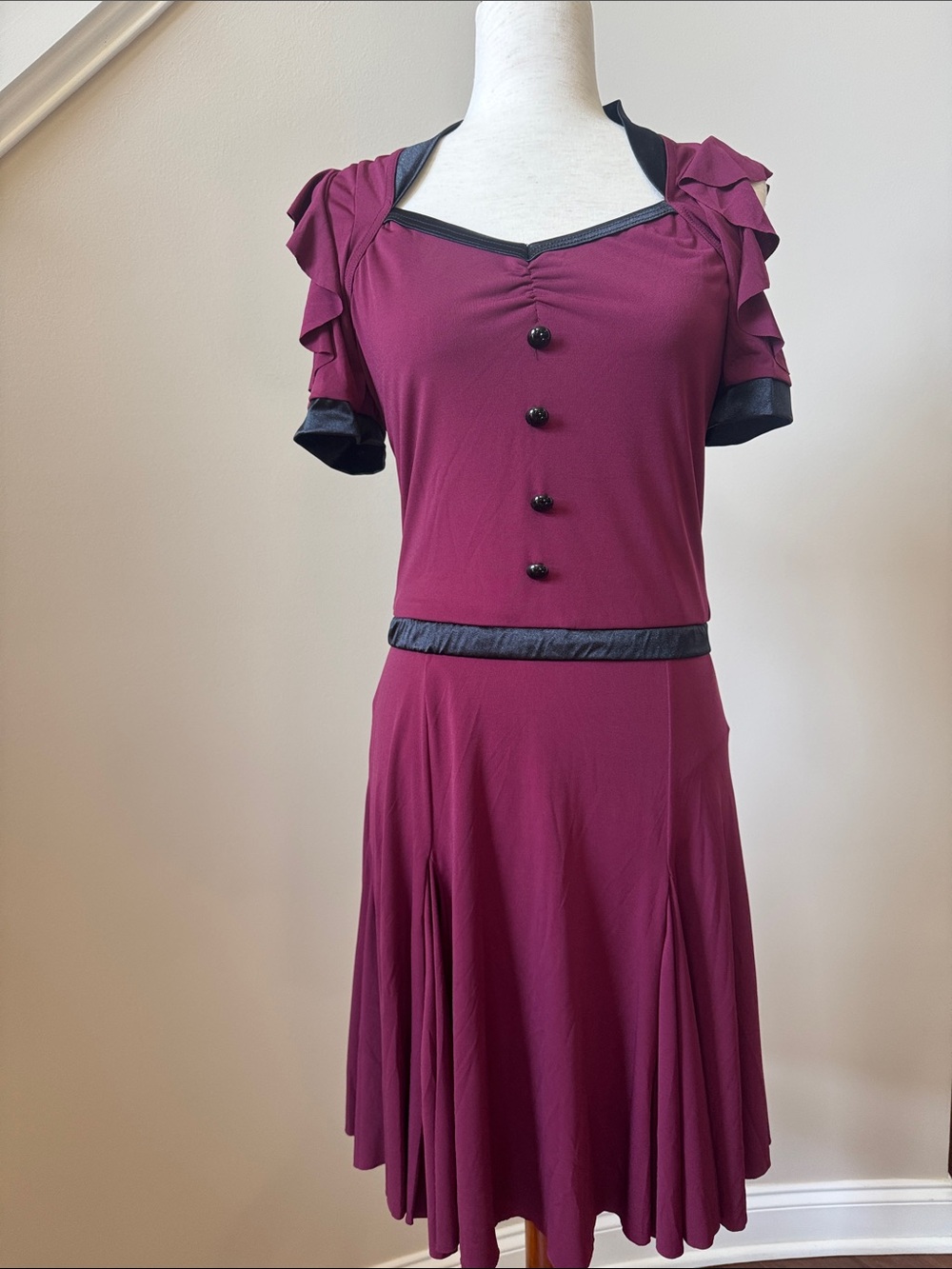 Weissman Maroon Dress with Black Trim and Ruffle Sleeves